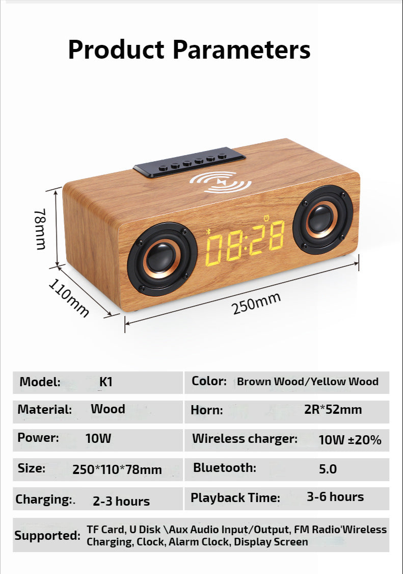 Wooden Retro Wireless Charger & Bluetooth Speaker – 4-in-1"