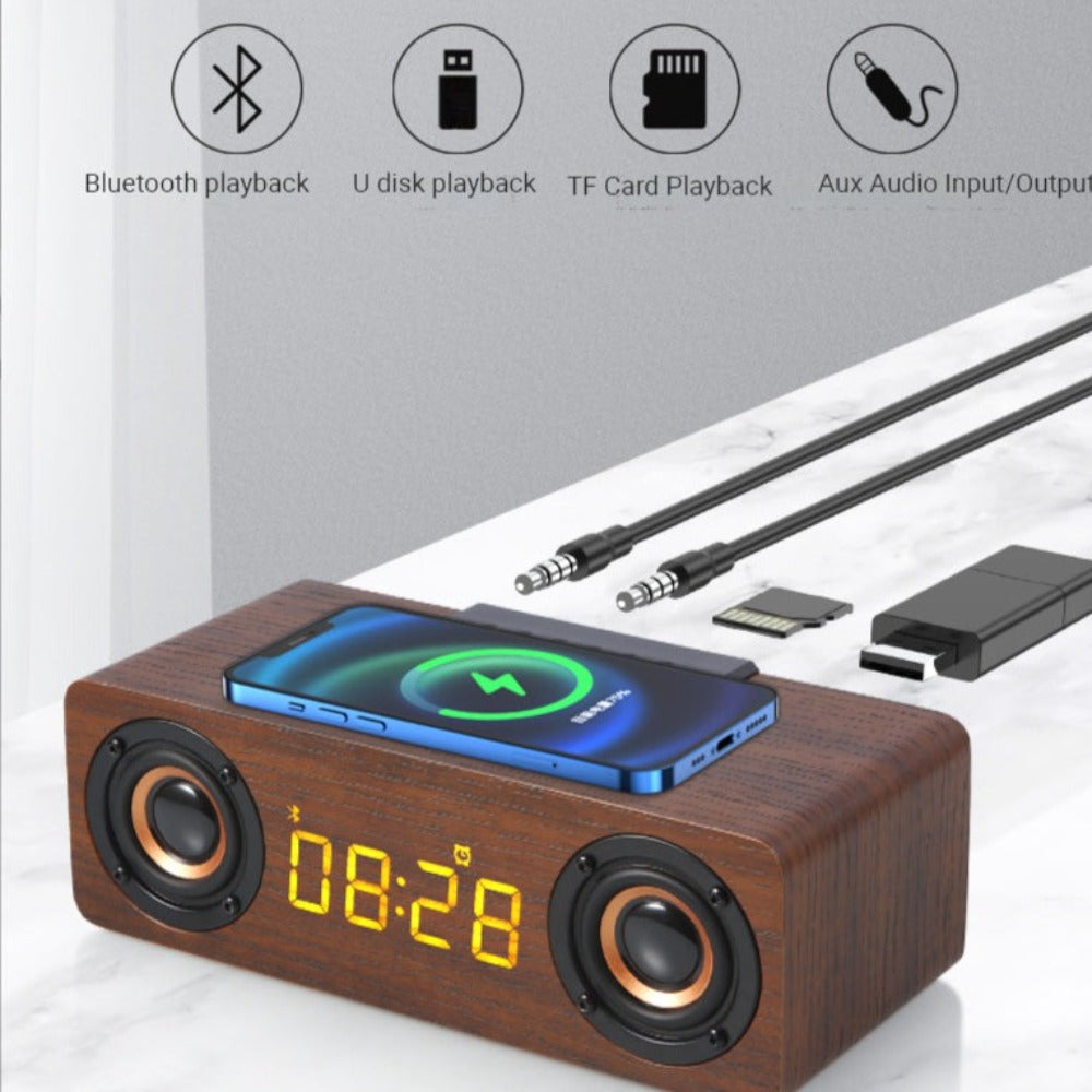 Wooden Retro Wireless Charger & Bluetooth Speaker – 4-in-1"