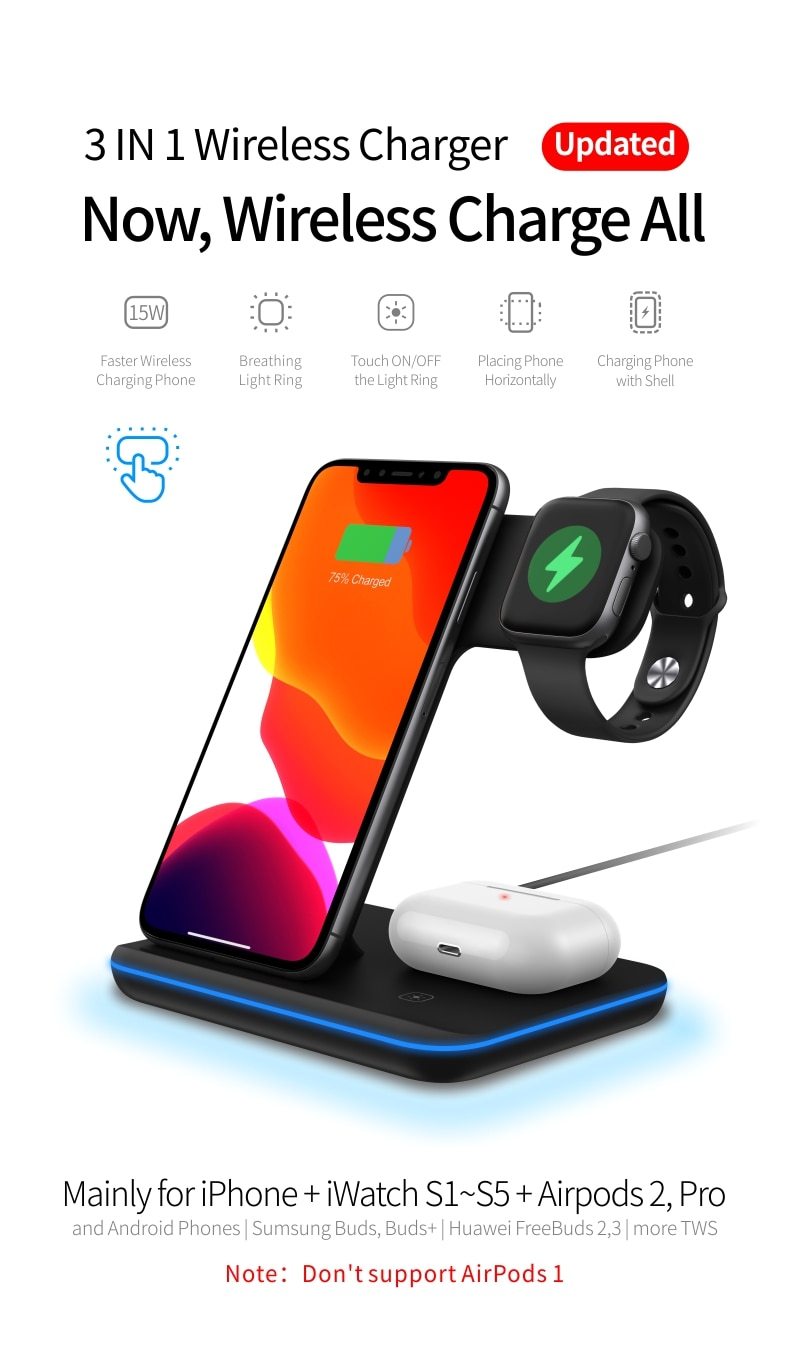 Ninja 3-in-1 15W Fast Wireless Charger for Phone & More